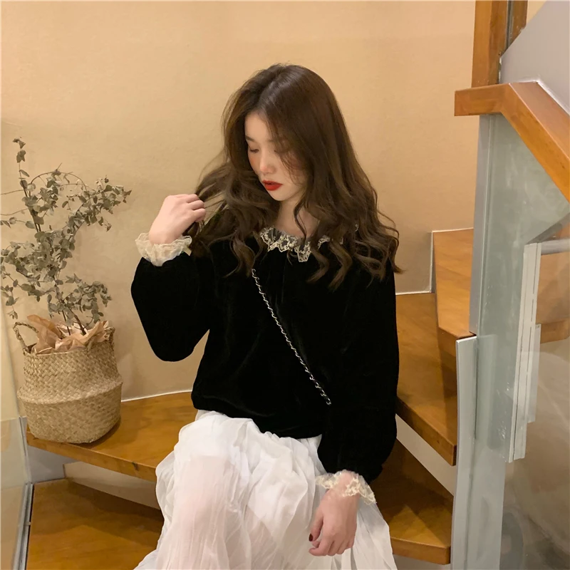 

Vintage Pleuche Patchwork Lace Long Sleeve Blouse Women Clothing Fashion Black Casual Loose Shirts Hipster O-neck Tops Autumn