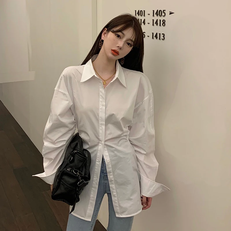 

White shirt women's sense of design small summer thin waist shirt loose medium length sunscreen top