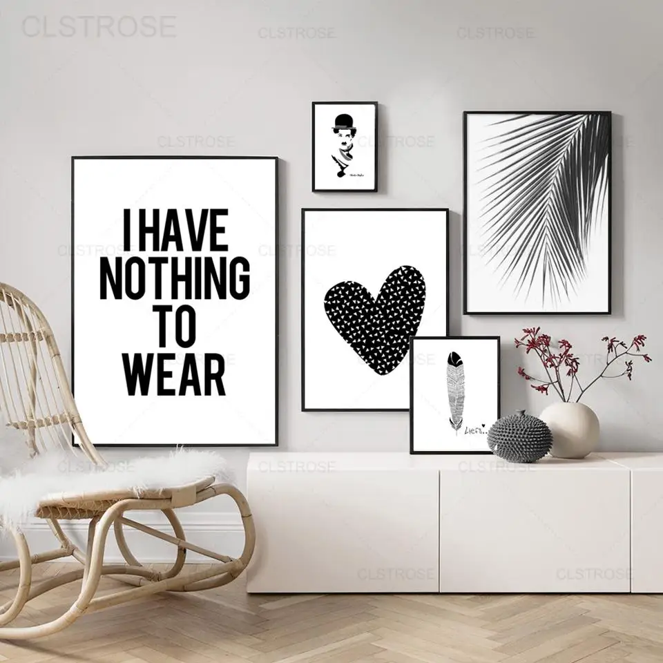 

Palm Leaf Feather Love Heart Black and White Canvas Painting Nordic Minimalist Poster Wall Art Pictures Home Decoration Bedroom