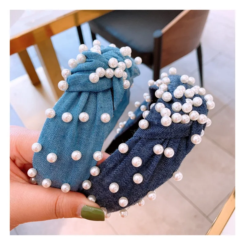 ВИНТАЖНАЯ ДЖИНСОВАЯ повязка на голову с жемчугом широкие обручи перехлёстом