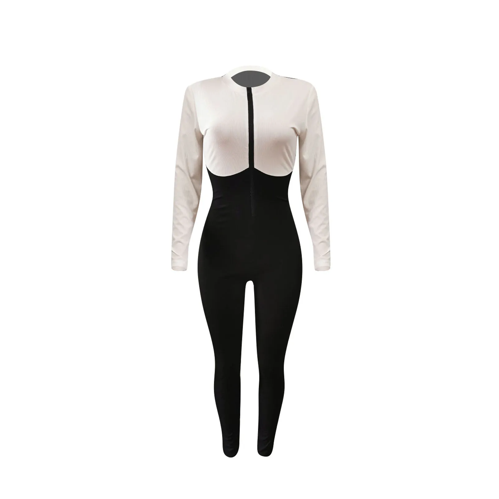 

Women's Fall Romper Knitting Jumpsuit Color block Splicing Elastic Round Collar Zipper Yoga Casual Jogger Trousers Jumpsuit