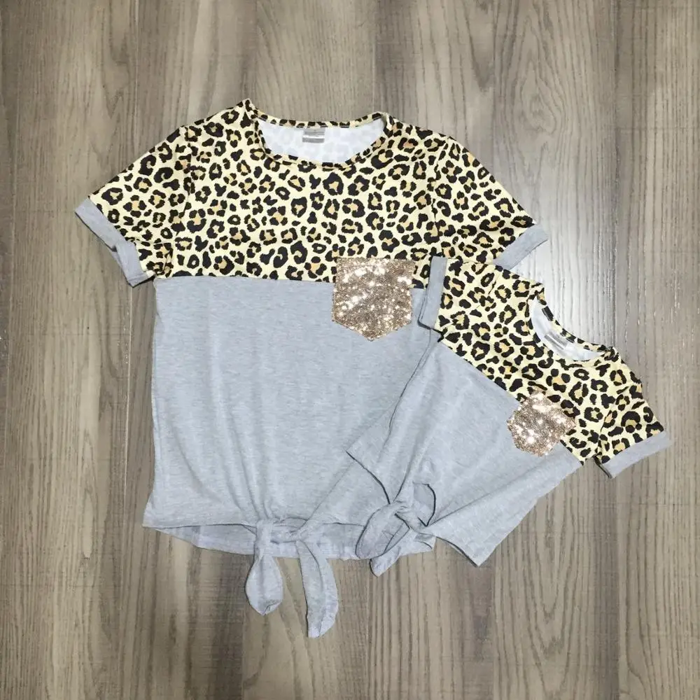 Летние футболки для маленьких девочек одежда серый хлопковый топ с леопардовым
