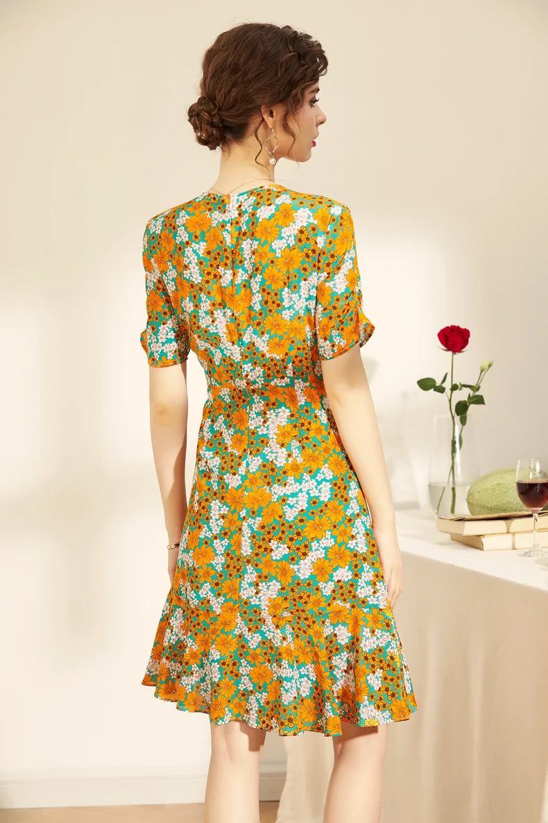 

100% Silk Women's Dress Sexy V Neck Short Sleeves Picked Up Printed Lace Up Fashion Summer Holiday Dresses