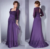 plus size sweetheart three quarter sleeves long mother of the bride dresses purple chiffon with applique beaded a line mum dress