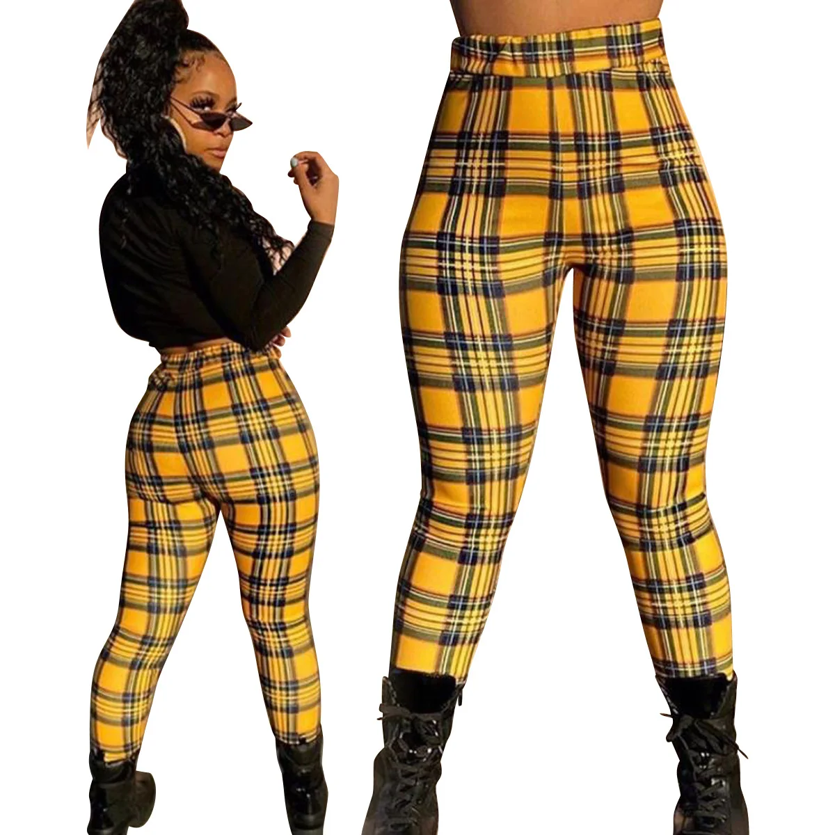 

2021 New Ladies Plaid Printed Plaid Tights Fashionable High Waist Full Length Tight Sports Work Mesh High Waist Pants