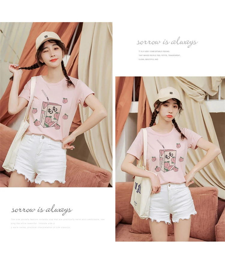 Summer New Pink Fashion Korean Style Women's Japanese Peach Juice Drink Print Harajuku Vogue Casual Loose Kawaii Female T Shirt