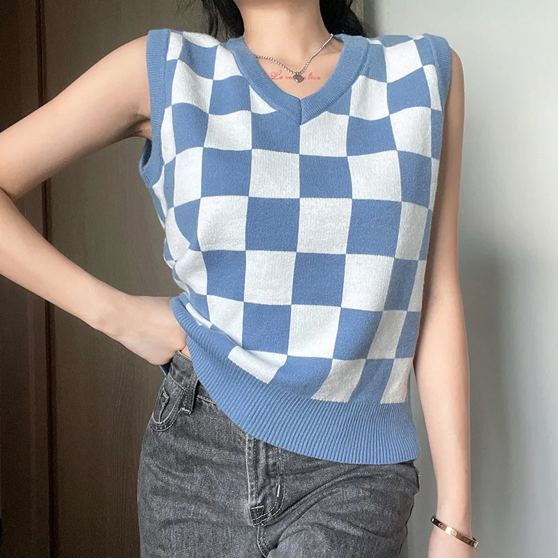 

WeiYao White Blue Plaid Print Harajuku Sweater Vest Vintage Aesthetic Casual Loose Knit Pullovers Women V Neck Winter Jumpers