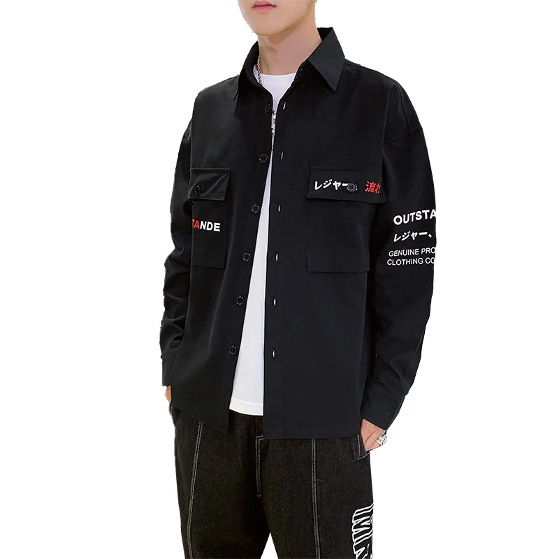 Мужская хлопковая рубашка Harajuku с длинным рукавом в стиле хип-хоп двумя карманами