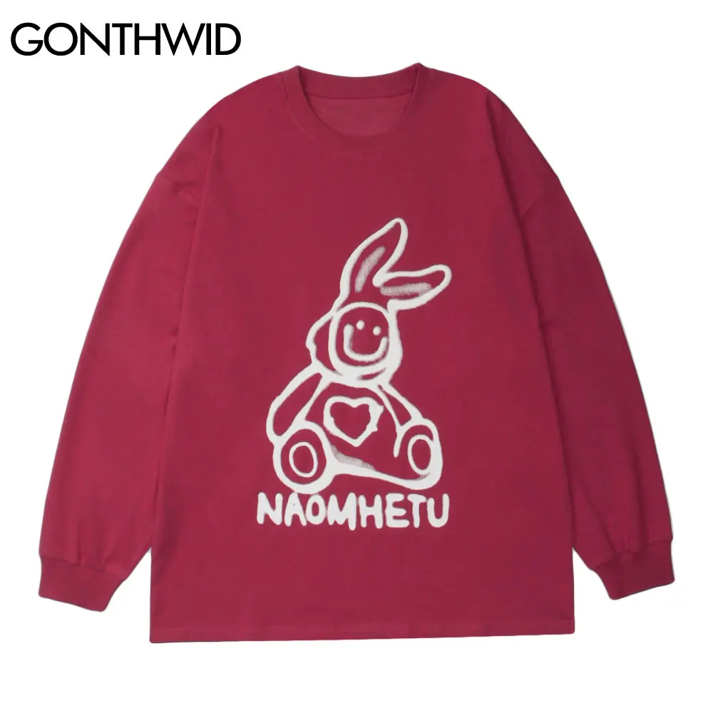 

GONTHWID футболки хип-хоп Уличная одежда хип-хоп граффити улыбка кролик Принт футболки с длинным рукавом мужские Харадзюку повседневные свобод...