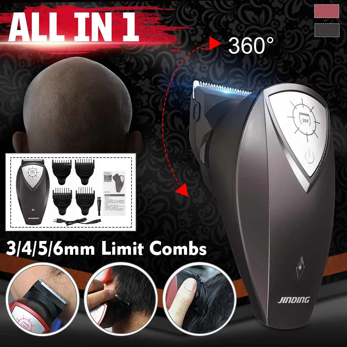 

Men Hair Trimmer Electric USB Charging 360° Rotary Hair Clipper with 4 Limit combs Cutting Beard Barber/Razor Shaver