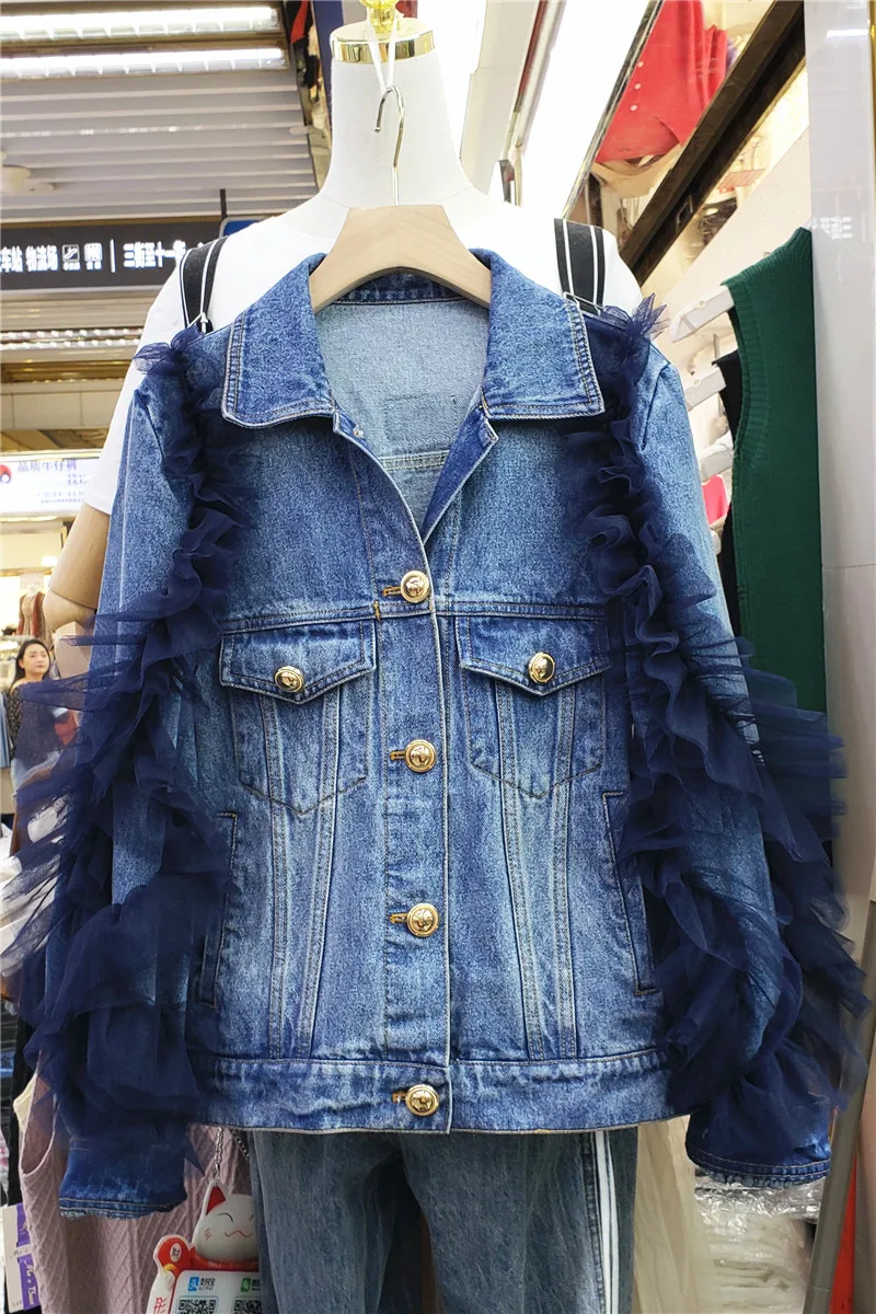 

Fall 2020 new style versatile fashion loose and thin stitching mesh button Denim Jacket Women Fashion