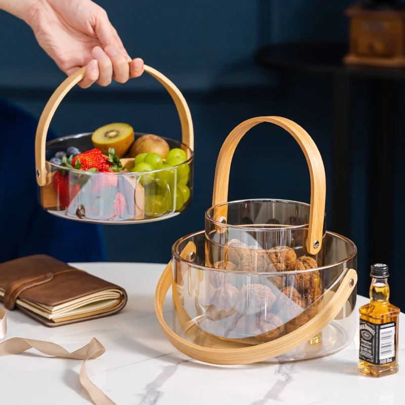 

Portable Glass Iced Fruit Food Storage Basket With Wood Handle Household Storage Basket Beer Beverage Glass Barrel Picnic Basket