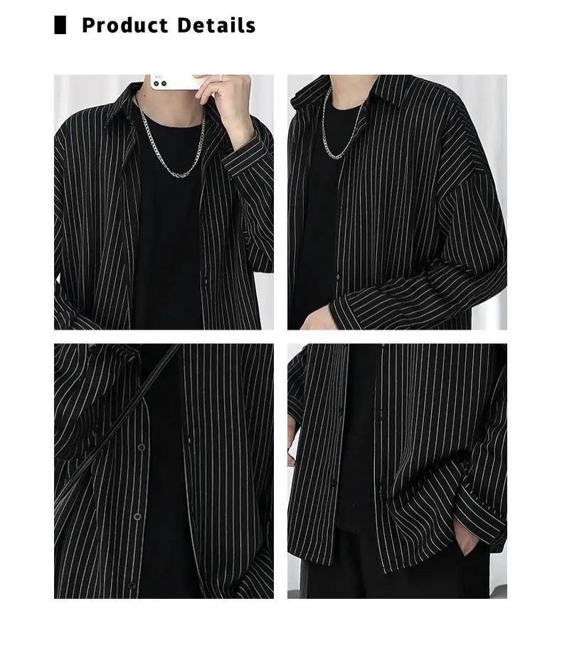 

Mens T Shirts Striped Shirt Men's Jacket Hong Kong Japanese Casual Loose Trend Black Long-sleeved Shirt Four Seasons Fashion