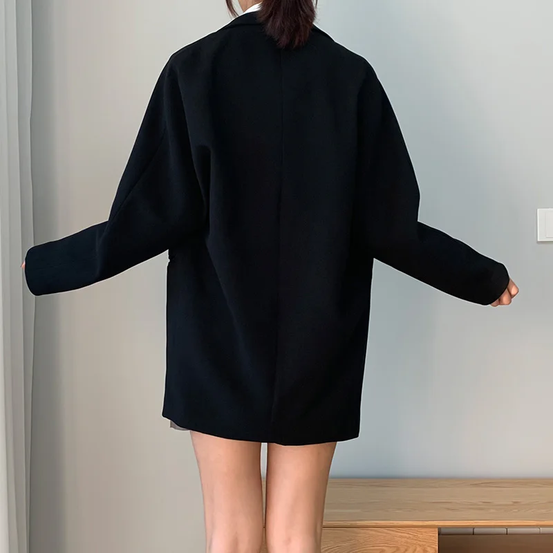 Женский двубортный Блейзер на пуговицах черная Повседневная Свободная куртка с