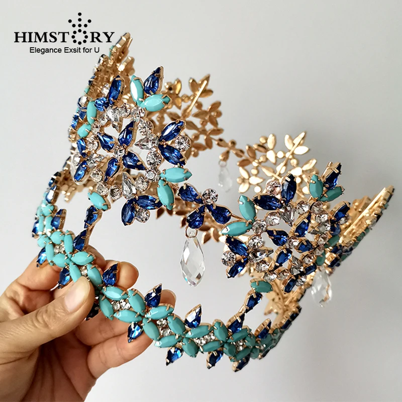 

HIMSTORY Global High Grade Full Round Tiara Dangle Pendant Crystal Rhinestone Handmade Hair Jewelry Miss World Pageant Crowns