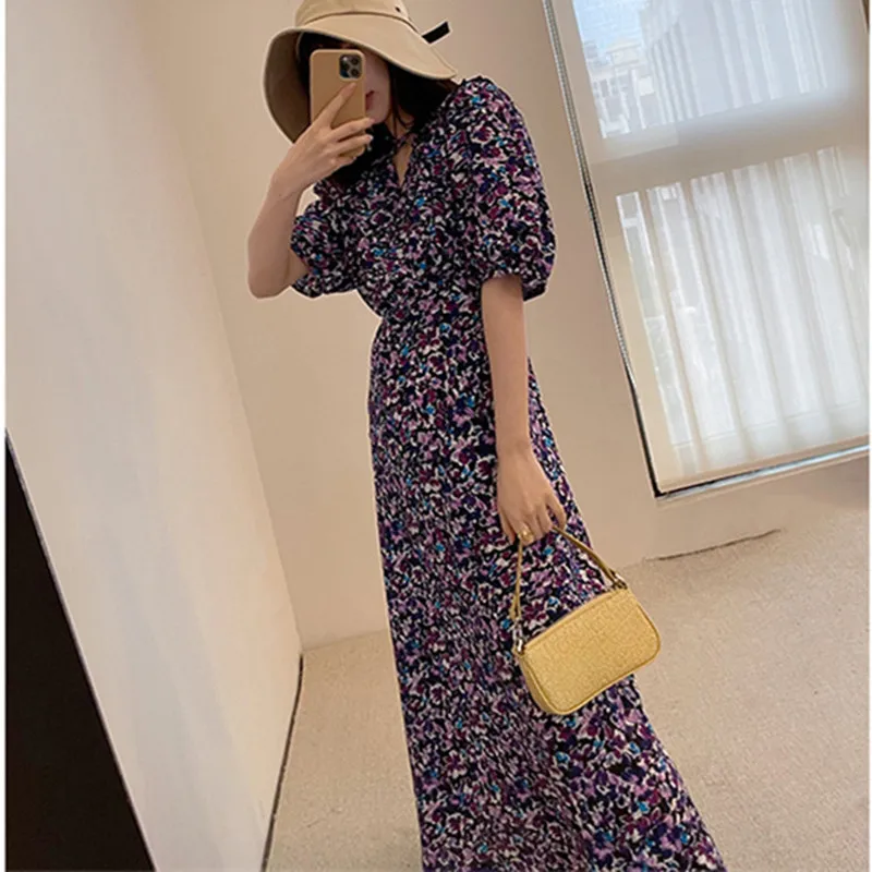 

French Summer Woman Slim Floral Print Spliced Long Dress Female Casual Sweet Vintage Dress High Version Ladies New Dresses ML175