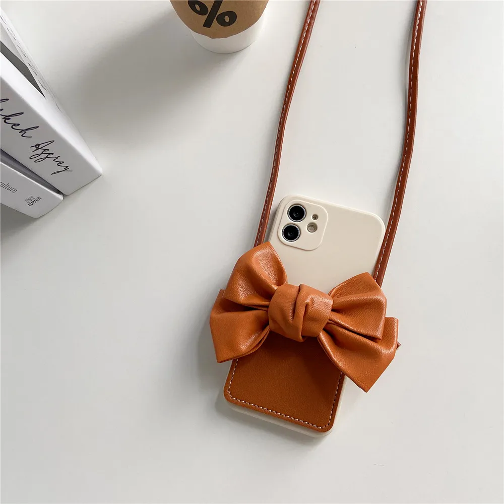 

Luxury Leather Bow Crossbody Strap Lanyard Phone Case For iPhone 13 Pro Max 12 11 X XS XR 7 8 Plus Card Wallet Soft Phone Cover