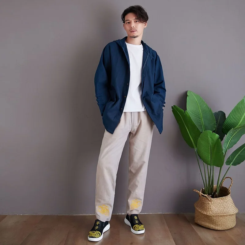 Мужское длинное кимоно с вышивкой дракона черное хлопковое Свободное пальто