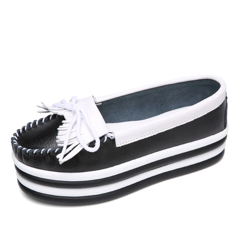 Женские туфли на плоской платформе черные Броги из мягкой кожи без застежки с