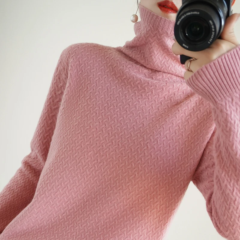 

Autumn Winter New Turtleneck Pullover Double Thickening Loose Women 100% Cashmere And Wool Sweater Colors Coat Large Size Girl