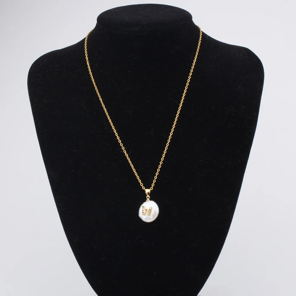 FINE4U N501 Initial Alphabet A-Z Letters Natural Freshwater Pearl Pendant Necklace Stainless Steel Choker Birthday Gift |