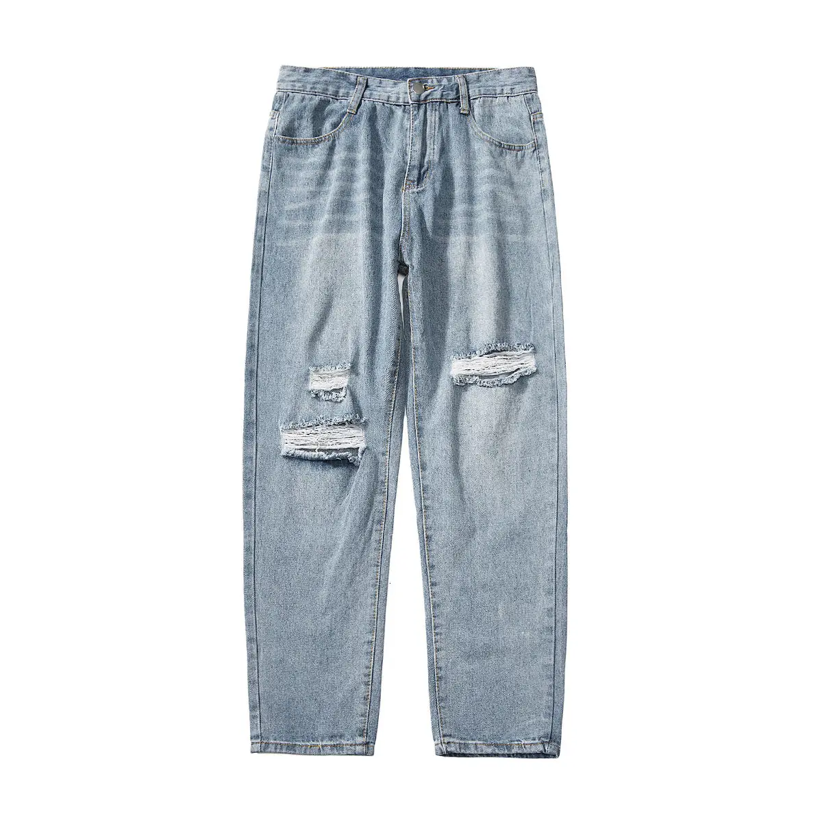 

2020 Autumn New Casual Denim Front And Rear Holes Ankle-length Loose Straight Youth Trendy Pants M-5XL