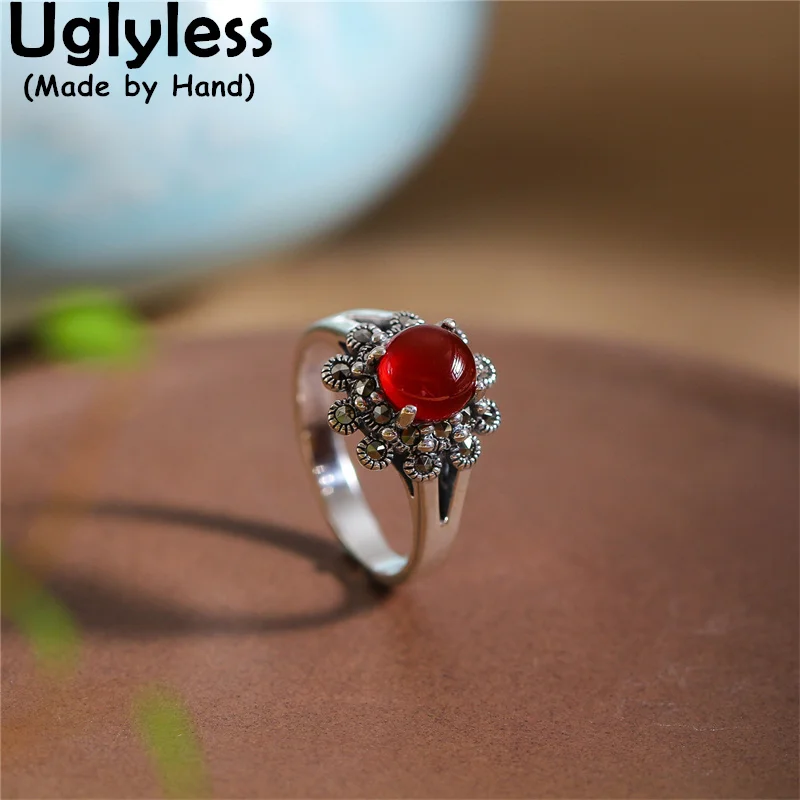 

Uglyless Vintage Marcasite Flower Rings 925 Thai Silver Chalcedony Open Rings for Women Solid 925 Silver Finger Ring Bijoux R904