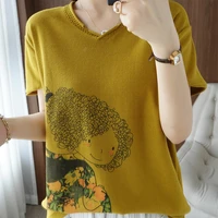 summer womens tees chic casual v neck short sleeve loose female pullover 100 knitted tops thin jumpers t shirt cool clothing