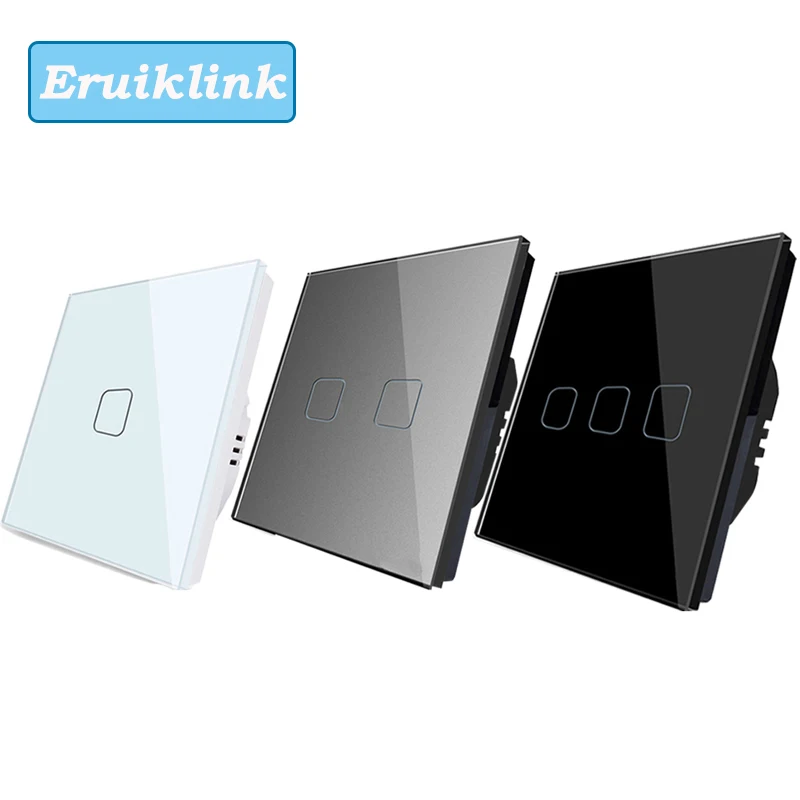 

Eruiklink EU / UK Standard wall switch,AC 110V-250V light switches,crystal glass panel touch screen light switch for smart home