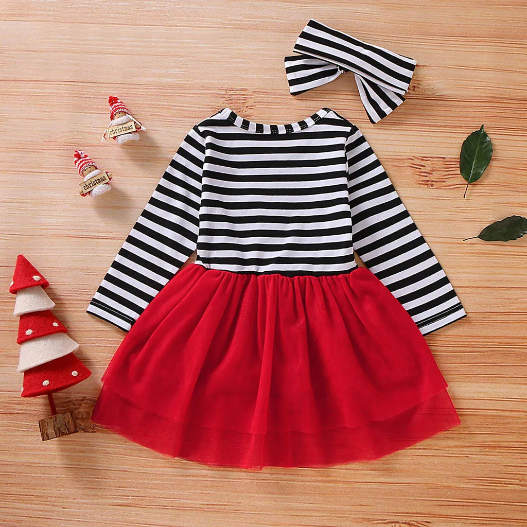 Girl Dresses Toddler Baby Girls Christmas Santa Striped Print Tulle Dress+Headband Outfits Fashion Winter Clothing C840# | Детская