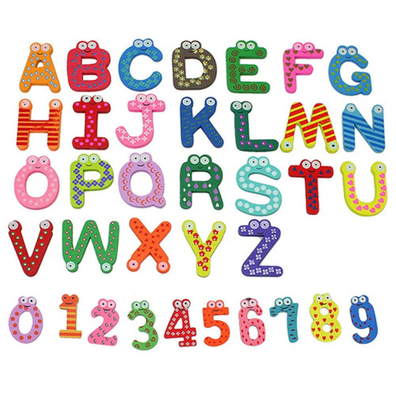 

26pcs Cartoon Design Wooden Letters A-Z Numbers 0-9 Refrigerator Fridge Magnets Teaching Alphabet Child Educational Kids Toys