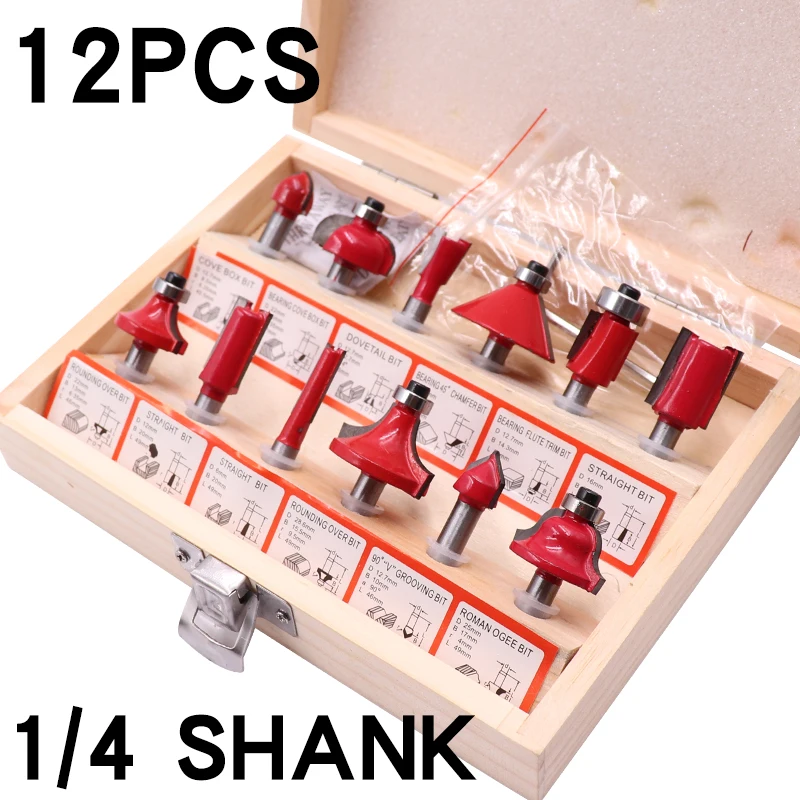 

Набор фрез «сделай сам», 12 шт., 1/4 дюйма, Профессиональный хвостовик, набор фрез из карбида вольфрама с деревянным чехлом для деревообрабатыв...