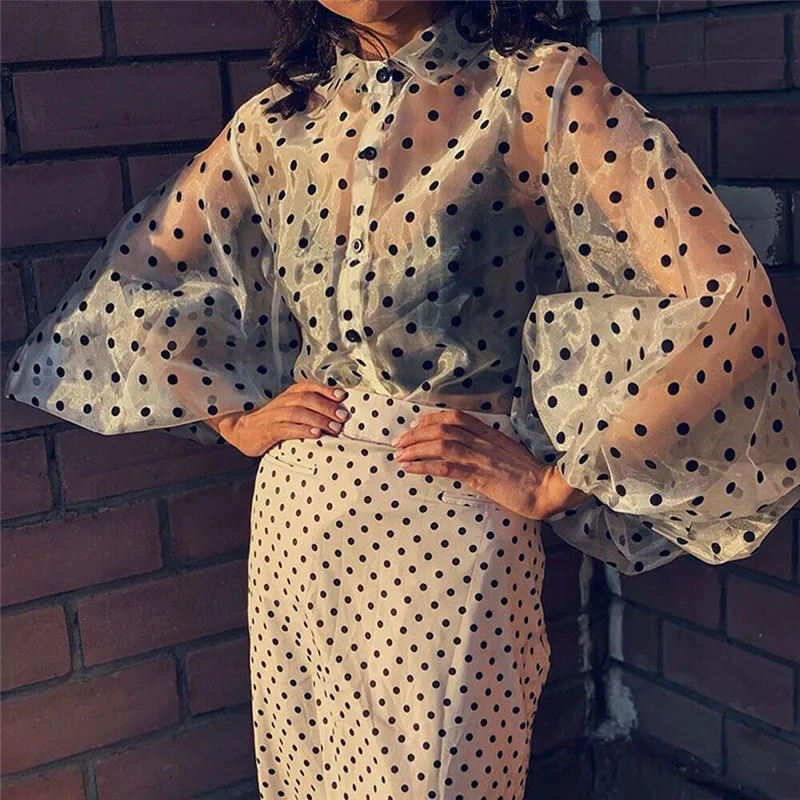 

Polka Dot Puff Long Sleeve Blouse For Womens Blouse Shirt Mesh Sheer See-through Transparent Fashion Plus Size Female Casual Top
