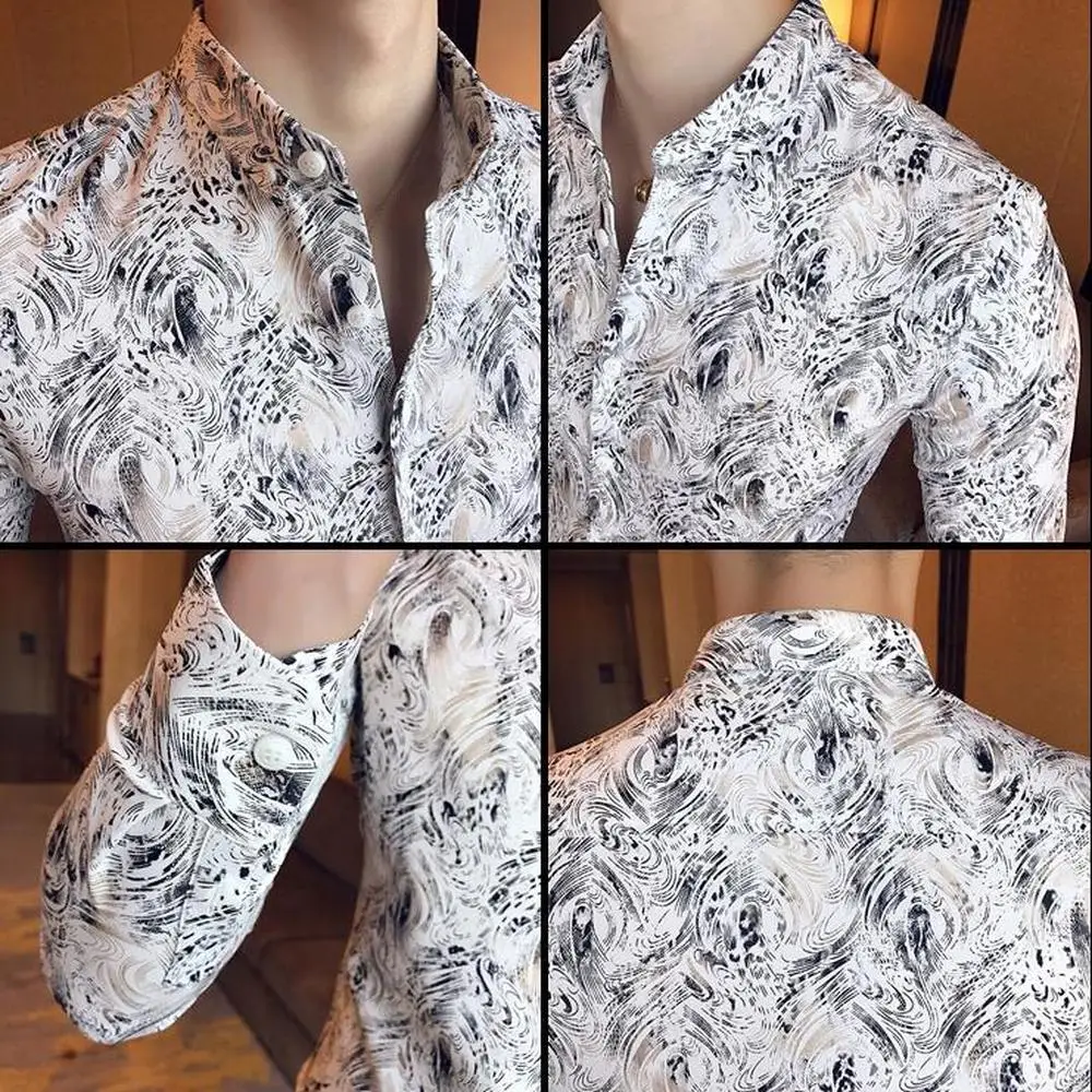 

Metallic Gold Shirt Men 2019 Spring Autumn Boutique Printed Gold White Shirt Slim Fit Male Dress Shirt Party Wedding Club Tops