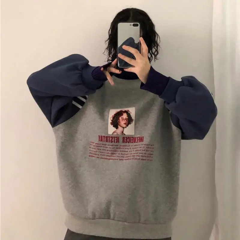 

Winter New Korean Fashion High Collar Pplus Velvet Thick Long-sleeved Sweatshirt Harajuku Loose Head Casual Female Sweatshirt