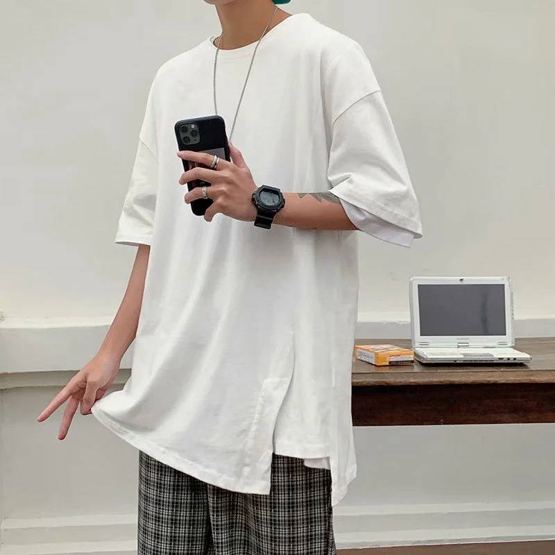 Разделение вилка с коротким рукавом мужская футболка японский уличная размера