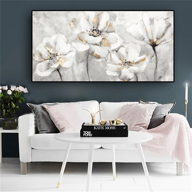 

White Flower Abstract Oil Painting on Canvas Posters and Prints Canvas Painting Cuadros Wall Art Picture for Living Room Decor