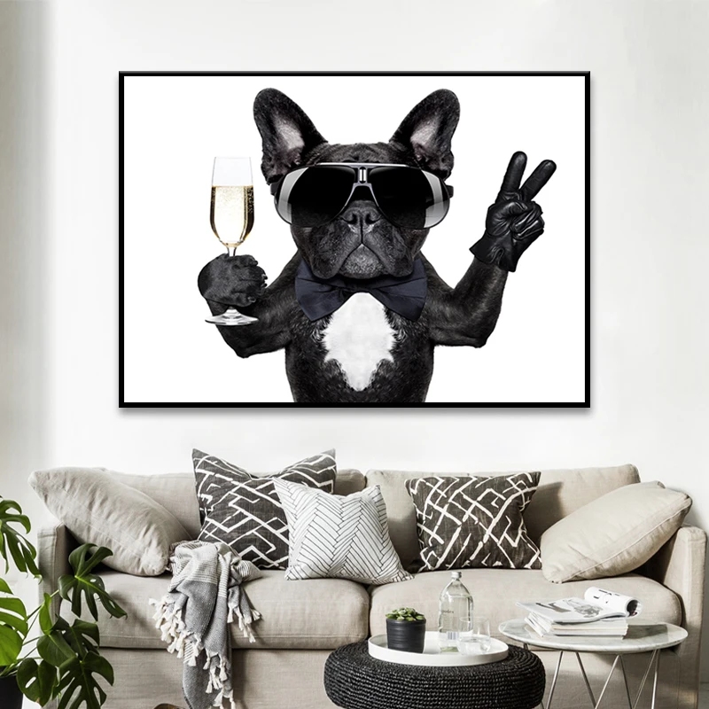 

Cute Dog Canvas Painting Animal Poster and Prints Wall Art A Bulldog Drinking with Sunglasses Picture for Kids Baby Room Decor
