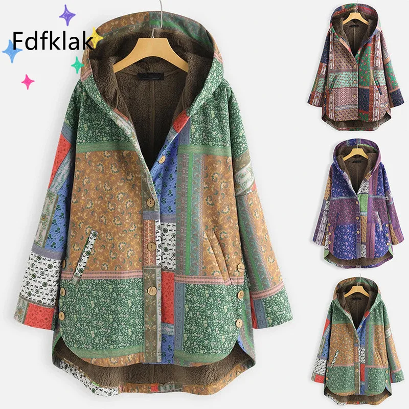 Fdfklak Fall/Winter New Floral Jacket Women Ethnic Style Printed Hooded Loose Large Size Plus Velvet Thickened Ladies Coat Parka
