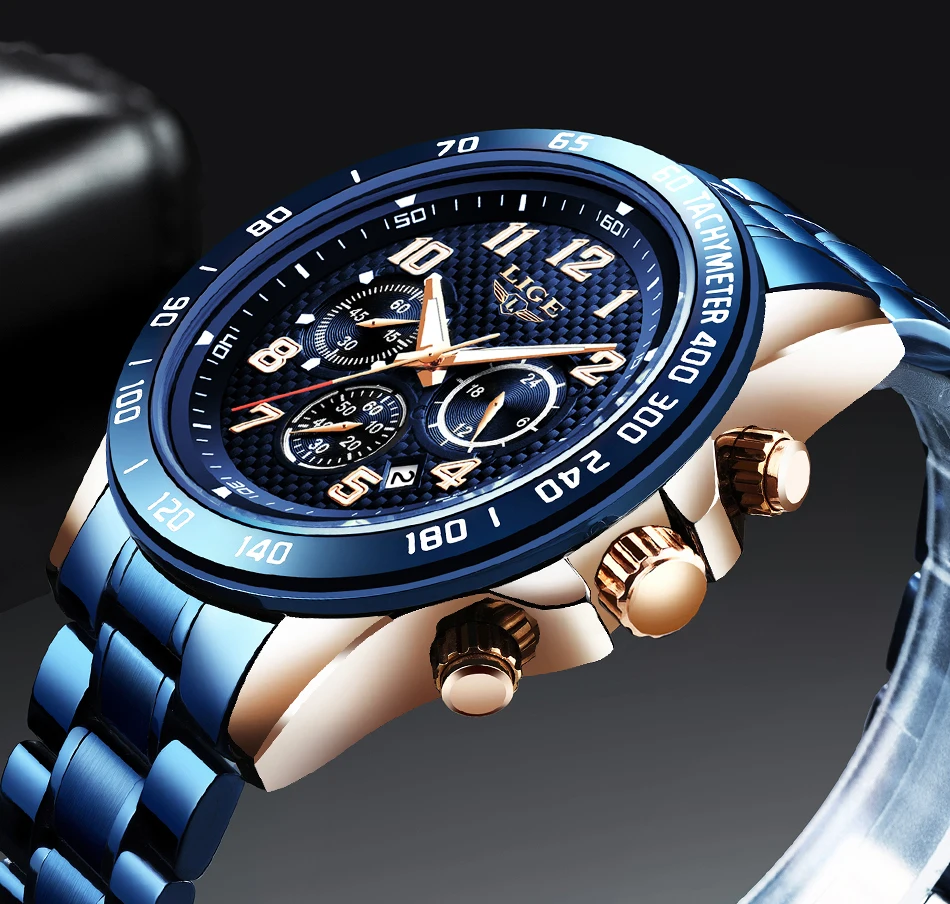 

LIGE Men Watches Top Luxury Brand Sport Quartz Watch Men Chronograph Waterproof Wrist Watch Man Stainless Steel Date Clock+Box