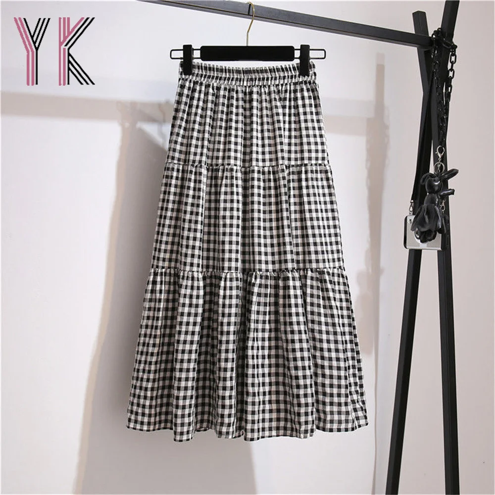 

Юбка-миди женская, с высокой талией, эластичная, черная, в клетку