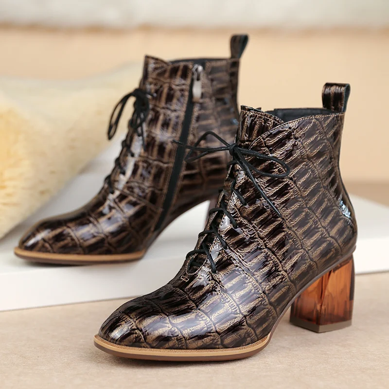 New High Quality Women Ankle Boots Hand-made Genuine Leather 7cm heels Woman Toe lace up Shoes Female Footwear | Обувь