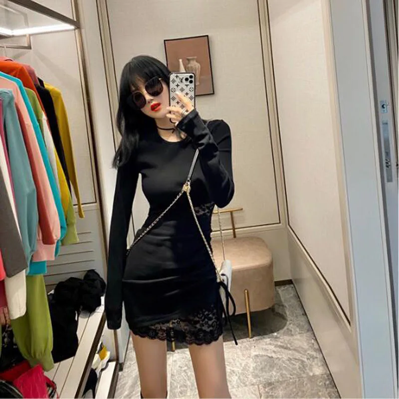 

Spring Summer Dresses for Women Solid Color Long Sleeve O Neck Lace Patchwork Dress Woman Slim Fit Sheath Sexy Dress