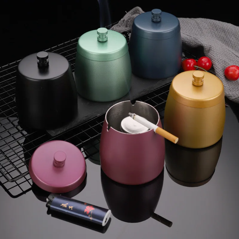 

Stainless Steel Thickened Ashtray with Cover Creative Personality Advertising Gift Net Bar Portable Round Metal Ash Tray