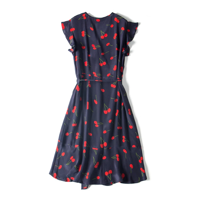 

SuyaDream Woman Cherry Print Dress 100%Silk V neck Sashes Wrap Dress Women 2021 Spring Summer Midi Dresses Silk Clothes Vestidos