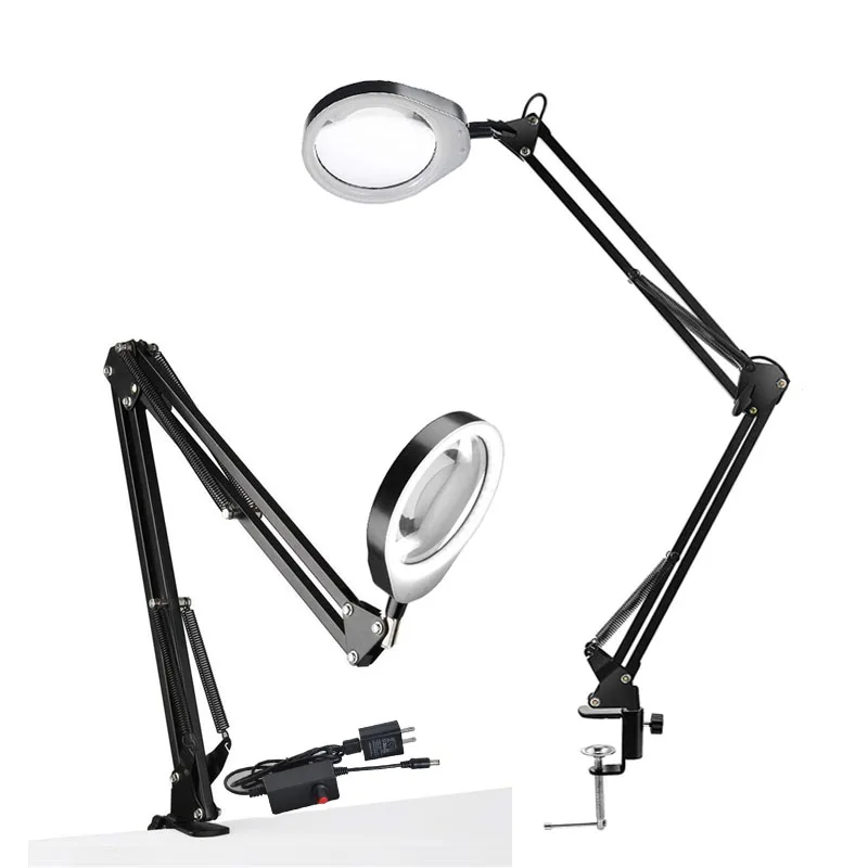 Desk Large Clip LED Magnifying Glass 10X Illuminated Magnifier Lamp Loupe Reading/Rework/Soldering 3X 5X 8X 10X Lengthen Arms