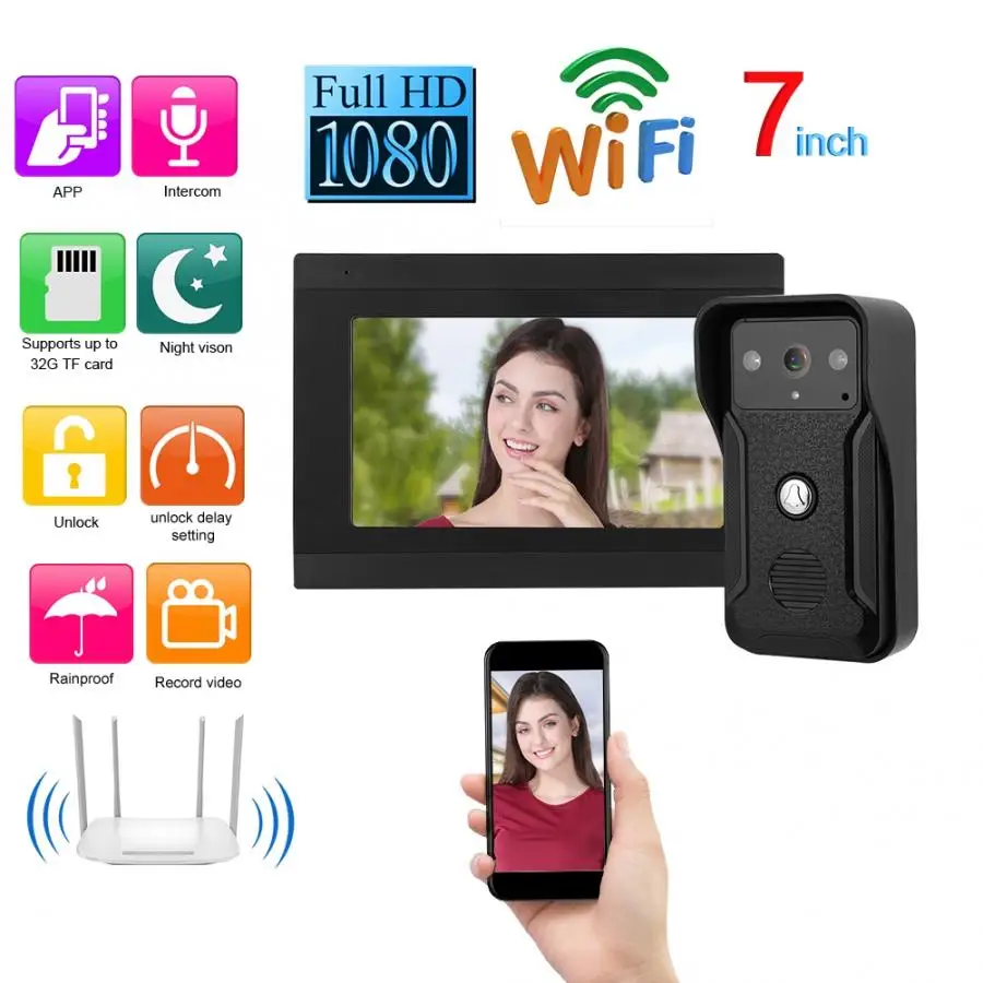 7in 1080P HD проводной Wifi видео дверной звонок приложение дистанционного ночного