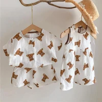 2021 summer new cute bear print baby clothes boys cotton linen t shirt and shorts set girls dress baby outfits 6m 5t child suit