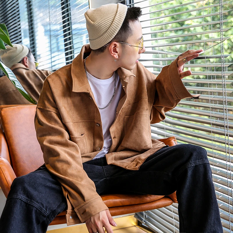 Мужская свободная куртка из оленьей кожи уличная бомбер мужская верхняя одежда в