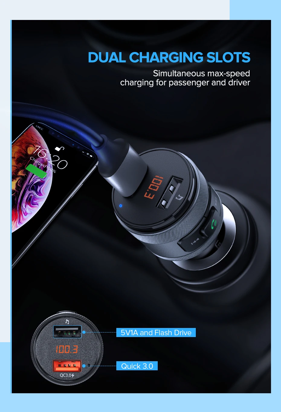 Ugreen USB Автомобильное зарядное устройство Bluetooth fm-передатчик QC Быстрая зарядка 3,0 Быстрая зарядка для Xiaomi samsung iPhone huawei QC3.0 зарядное устройство